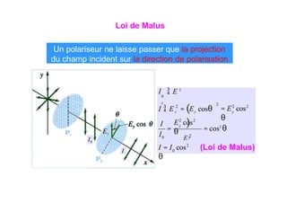 Loi de Malus
(
)
2
2 2 2
2 2
2
0
t y y
y
0 y
I
I E 2
E cos
θ
I  E 2
0
y
I  E = E cosθ = E cos
θ
= = cos2
θ
I = I cos
θ
Un polariseur ne laisse passer que la projection
du champ incident sur la direction de polarisation
0
I
I
P1
P2
(Loi de Malus)
17
 