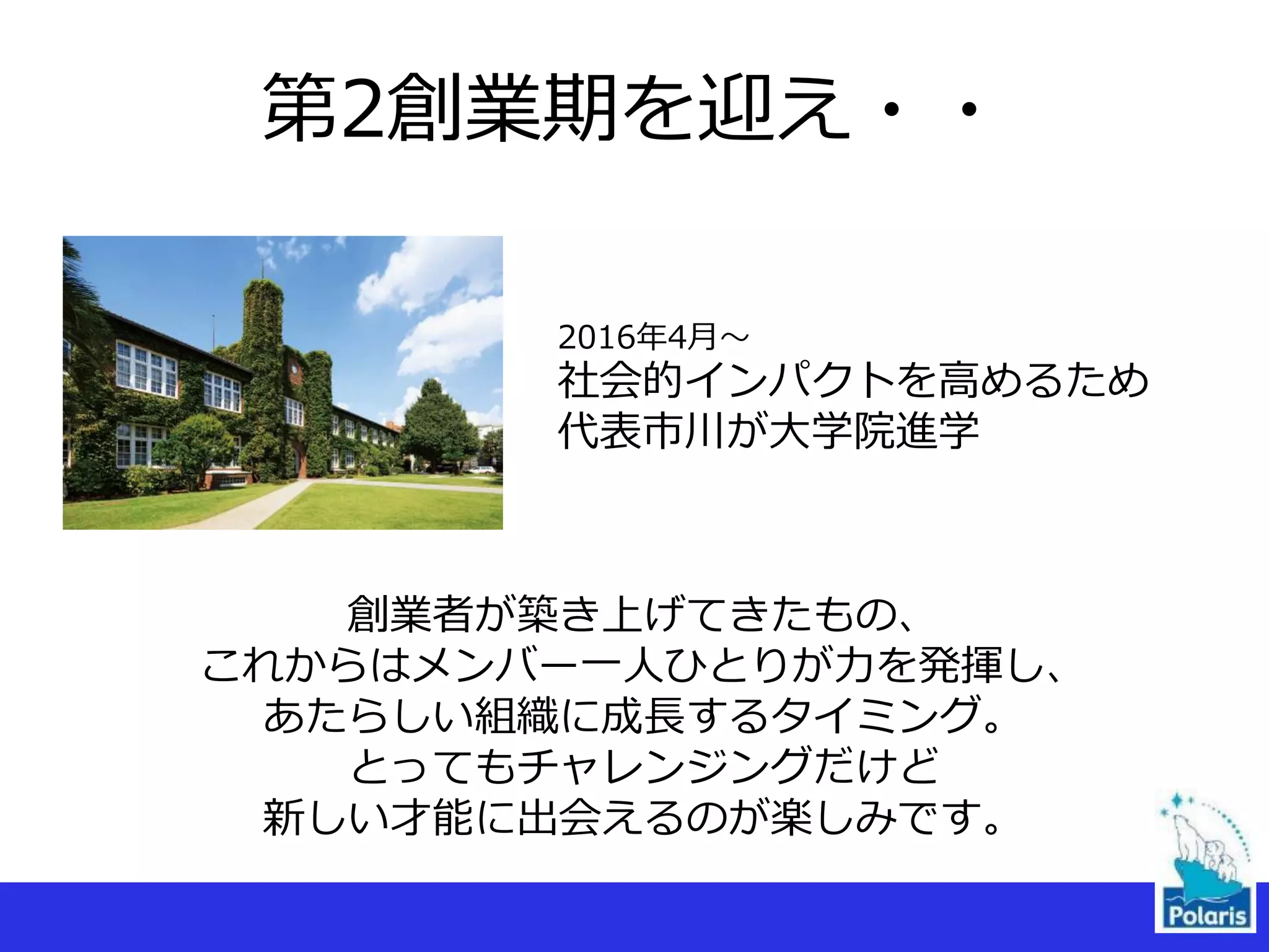 第2創業期を迎え・・
2016年4月〜
社会的インパクトを高めるため
代表市川が大学院進学
創業者が築き上げてきたもの、
これからはメンバー一人ひとりが力を発揮し、
あたらしい組織に成長するタイミング。
とってもチャレンジングだけど
新しい才能に出会えるのが楽しみです。
 