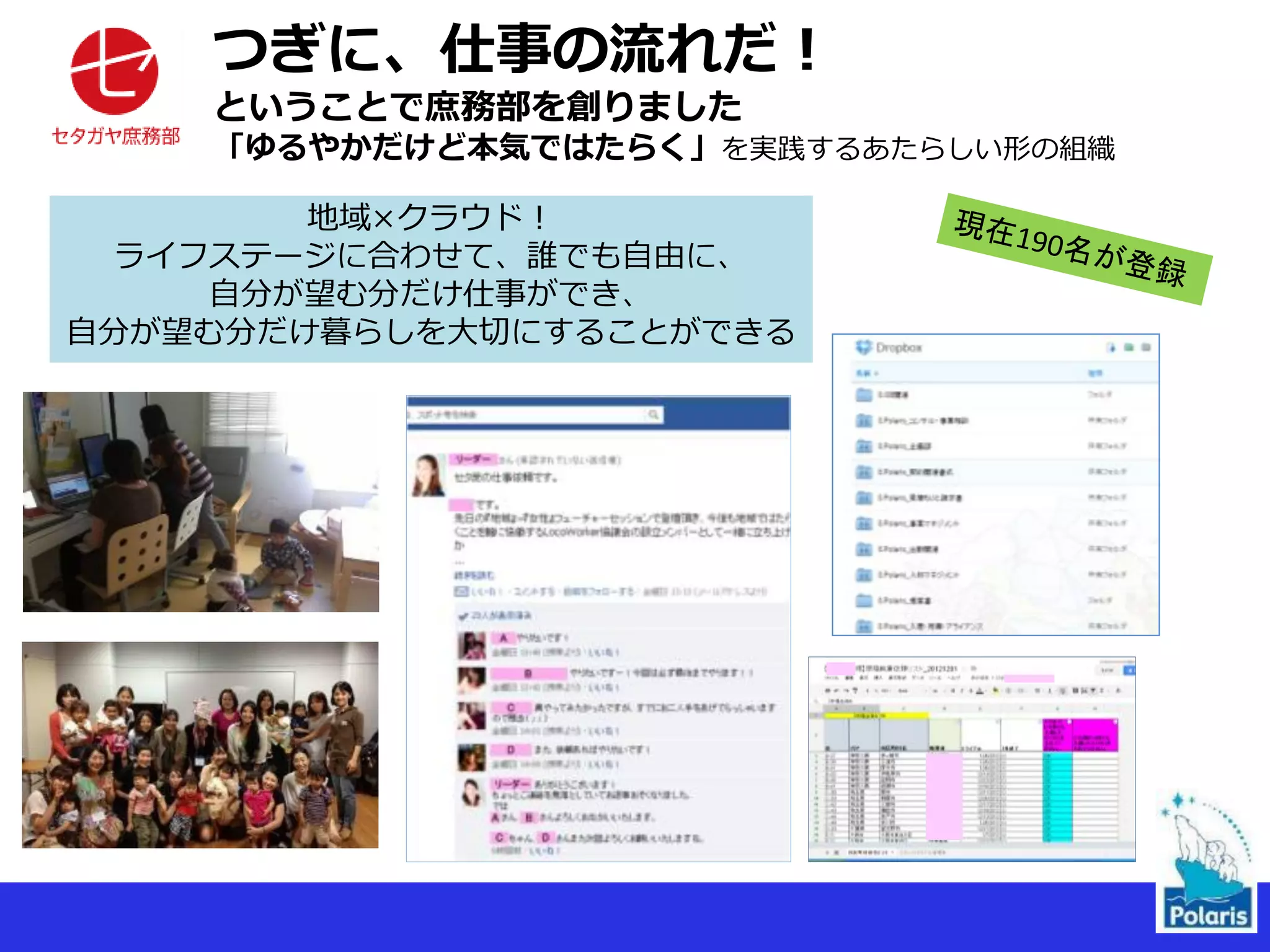 地域×クラウド！
ライフステージに合わせて、誰でも自由に、
自分が望む分だけ仕事ができ、
自分が望む分だけ暮らしを大切にすることができる
つぎに、仕事の流れだ！
ということで庶務部を創りました
「ゆるやかだけど本気ではたらく」を実践するあたらしい形の組織
 