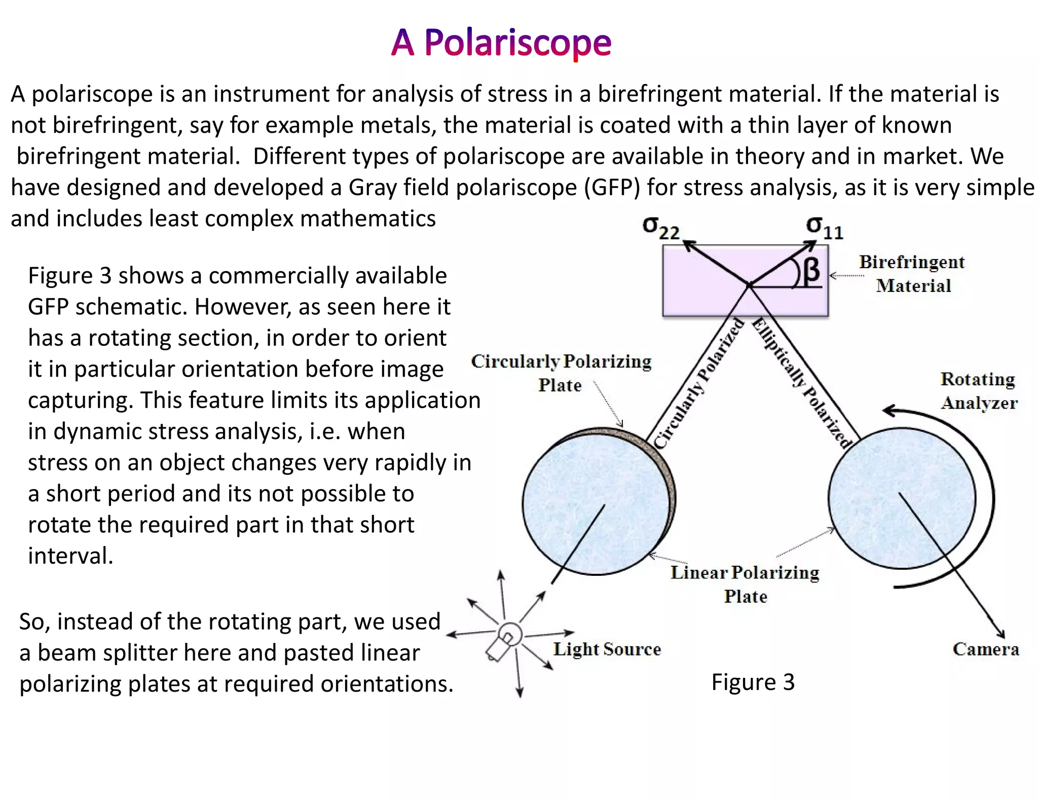 A polariscope is an instrument for analysis of stress in a birefringent material. If the material is
not birefringent, say for example metals, the material is coated with a thin layer of known
birefringent material. Different types of polariscope are available in theory and in market. We
have designed and developed a Gray field polariscope (GFP) for stress analysis, as it is very simple
and includes least complex mathematics.

 Figure 3 shows a commercially available
 GFP schematic. However, as seen here it
 has a rotating section, in order to orient
 it in particular orientation before image
 capturing. This feature limits its application
 in dynamic stress analysis, i.e. when
 stress on an object changes very rapidly in
 a short period and its not possible to
 rotate the required part in that short
 interval.

So, instead of the rotating part, we used
a beam splitter here and pasted linear
polarizing plates at required orientations.                         Figure 3
 