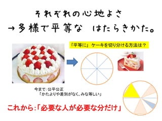 それぞれの心地よさ
→多様で平等な はたらきかた。
              ｢平等に｣ ケーキを切り分ける方法は？




    今まで：公平公正
     「かたよりや差別がなく、みな等しい」


これから：「必要な人が必要な分だけ」
 