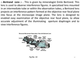 o Bertrand Lens :- . This is given by mineralogist Emile Bertrand. This
lens is used to observe interference figures. A specialized lens mounted
in an intermediate tube or within the observation tubes, a Bertrand lens
projects an interference pattern formed at the objective rear focal plane
into focus at the microscope image plane. The lens is designed to
enabled easy examination of the objective rear focal plane, to allow
accurate adjustment of the illuminating aperture diaphragm and to
view interference figures.
19
Fig No. 14
 