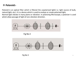 6
Polaroid is an optical filter which is filtered the unpolarised light( i.e. light source of bulb,
natural light, etc.). It is a device which is used to analyze or create polarized light.
Normal light vibrate in many plane or vibration. In polarizing Microscope, a polarizer is used
which allow passage of light of one vibration direction.
 Polaroid:-
Fig No 2
Fig No 3
 
