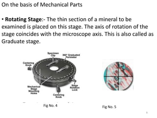 On the basis of Mechanical Parts
• Rotating Stage:- The thin section of a mineral to be
examined is placed on this stage. The axis of rotation of the
stage coincides with the microscope axis. This is also called as
Graduate stage.
8
Fig No. 4 Fig No. 5
 