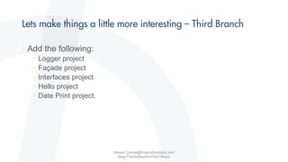 • Add the following:
• Logger project
• Façade project
• Interfaces project
• Hello project
• Date Print project.
Steven.Contos@PolarisSolutions.com
Blog:TheOldManAndTheCSharp
 