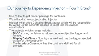 • Use NuGet to get proper package for container.
• We will add a new project called Injector.
• Injector will provide ContainerBootStrapper which will be responsible
for wiring up the concrete classes to inject into the classes
constructors.
• The projects which change include:
• DIIOC - using container to return concrete object for logger and
facade.
• DisplayDateClass - Now logs as well and has the logger injected
as part of the constructor.
• The InterfaceClass now has the contracts defined for all
projects.
Steven.Contos@PolarisSolutions.com
Blog:TheOldManAndTheCSharp
 