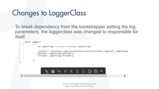 • To break dependency from the bootstrapper setting the log
parameters, the loggerclass was changed to responsible for
itself.
Steven.Contos@PolarisSolutions.com
Blog:TheOldManAndTheCSharp
 