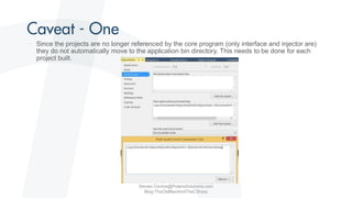 Steven.Contos@PolarisSolutions.com
Blog:TheOldManAndTheCSharp
• Since the projects are no longer referenced by the core program (only interface and injector are)
they do not automatically move to the application bin directory. This needs to be done for each
project built.
 