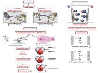 ✗
In presence of electric field
Separation of charges
Unequal distribution electron due to diff EN value
shared electron closer to Oshared electron closer to F
Covalent Bonds
Polar covalent Bonds Non Polar covalent Bond
Equal sharing electronUnequal sharing electron
Sharing of electron
Formation electric dipole
Partial +/-
Dipole moment
towards O
Partial + ( δ+)
Partial – (δ−)
Net dipole moment
Molecule is polar (dipole)
Net Dipole moment
Measured in Debye
Turning force / Dipole moment = Force x DistancePolar covalent Bonds
+ -
O
III
C δ+
δ-
Turning force – dipole moment
+ -
O
II
C
II
O
δ+
δ-
δ-
No Turning force – No dipole moment
✓
Molecule polar ✓
O
O
 