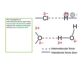 The investigation of
intermolecular forces starts from
macroscopic observations which
indicate the existence and action
of forces at a molecular level
 