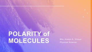 POLARITY of
MOLECULES Mrs. Analyn A. Vinoya
Physical Science
 