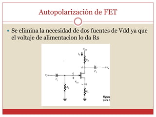 Autopolarización de FET Se elimina la necesidad de dos fuentes de Vdd ya que el voltaje de alimentacion lo da Rs