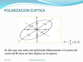 POLARIZACION ELIPTICA
Se dice que una onda esta polarizada elípticamente si la punta del
vector del E traza un sitio elíptico en el espacio.
y
2
x yE E

   
03/07/2018 claudiavital1401@gmail.com
 