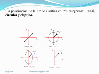 •La polarización de la luz se clasifica en tres categorías: lineal,
circular y elíptica.
Ey
Ex
/2 y E0x  E0y
 Ey
Ex
/ 4 y E0x E0y
Ey
Ex
0 y E0x E0y
Ey
Ex
/2 y E0x E0y

03/07/2018 claudiavital1401@gmail.com
 