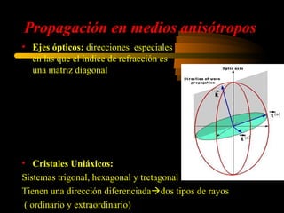 Propagación en medios anisótropos
• Ejes ópticos: direcciones especiales
  en las que el índice de refracción es
  una matriz diagonal
      ε1 0 0         n1 0 0       v1 0 0 
                                         
  ε =  0 ε 2 0  n =  0 n2 0  v =  0 v2 0 
      0 0 ε         0 0 n        0 0 v 
              3            3            3


   Dx =ε1 E X
   DY =ε1 EY
   DZ =ε1 E Z

• Cristales Uniáxicos: n1 ≠ n2 = n3
Sistemas trigonal, hexagonal y tretagonal
Tienen una dirección diferenciadados tipos de rayos
 ( ordinario y extraordinario)
 