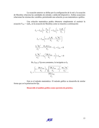 La ecuación anterior se define por la configuración de la red y la ecuación
de Shockley relaciona las cantidades de entrada y salida del dispositivo. Ambas ecuaciones
relacionan las mismas dos variables, permitiendo una solución ya sea matemática o gráfica.
Una solución matemática podría obtenerse simplemente al sustituir la
ecuación VGS = -IDRS, en la ecuación de Shockley como se muestra a continuación:
2
2
1
1 







−
=








−
=
P
S
D
DSS
P
GS
DSS
D
V
R
I
I
V
V
I
I








−
+
= 2
2
2
2
1
P
S
D
P
S
D
DSS
D
V
R
I
V
R
I
I
I
0
2
2
2
2
=
+
−
+ DSS
D
P
DSS
S
D
P
S
D
I
I
V
I
R
I
V
R
I
0
1
2
2
2
2
=
+








−
+ DSS
P
DSS
S
D
P
S
D
I
V
I
R
I
V
R
I
Rs, IDSS y Vp son constantes, la incógnita es ID
P
DSS
S
P
S
D
P
DSS
S
P
DSS
S
D
V
I
R
V
R
I
V
I
R
V
I
R
I
2
4
1
2
2
1 2
2
2
−








−
±








−
=
Este es el método matemático. El método gráfico se desarrolla de similar
forma que en la polarización fija.
Desarrolle el análisis gráfico como ejercicio de práctica.
13
 