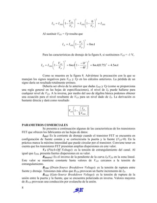 DSS
P
DSS
P
GS
DSS
D I
V
I
V
V
I
I =








−
=








−
=
2
2
0
1
1
Al sustituir VGS = Vp resulta que
mA
V
V
I
I
P
P
DSS
D 0
1
2
=








−
=
Para las características de drenaje de la figura 8, si sustituimos VGS = -1 V,
mA
mA
V
V
mA
V
V
I
I
P
GS
DSS
D 5
.
4
)
75
.
0
(
8
4
1
1
8
1 2
2
2
=
=






−
−
−
=








−
=
Como se muestra en la figura 8. Adviértase la precaución con la que se
manejan los signos negativos para VGS y Vp en los cálculos anteriores. La pérdida de un
signo daría un resultado totalmente erróneo.
Debería ser obvio de lo anterior que dadas IDSS y Vp (como se proporciona
una regla general en las hojas de especificaciones), el nivel de ID puede hallarse para
cualquier nivel de VGS. A la inversa, por medio del uso de álgebra básica podemos obtener
una ecuación para el nivel resultante de VGS para un nivel dado de ID. La derivación es
bastante directa y dará como resultado








−
DSS
D
GS
I
I
V 1
PARAMETROS COMERCIALES
Se presenta a continuación algunas de las características de los transistores
FET que ofrecen los fabricantes en las hojas de datos:
IDSS: Es la corriente de drenaje cuando el transistor FET se encuentra en
configuración de fuente común y se cortocircuita la puerta y la fuente (VGS=0). En la
práctica marca la máxima intensidad que puede circular por el transistor. Conviene tener en
cuenta que los transistores FET presentan amplias dispersiones en este valor.
VP (Pinch-Off Voltage): es la tensión de estrangulamiento del canal. Al
igual que IDSS, presenta fuertes dispersiones en su valor.
RDS(ON): Es el inverso de la pendiente de la curva ID/VDS en la zona lineal.
Este valor se mantiene constante hasta valores de VGD cercanos a la tensión de
estrangulamiento.
BVDS (Drain-Source Breakdown Voltage): es la tensión de ruptura entre
fuente y drenaje. Tensiones más altas que BVDS provocan un fuerte incremento de ID.
BVGS (Gate-Source Breakdown Voltage): es la tensión de ruptura de la
unión entre la puerta y la fuente, que se encuentra polarizada en inversa. Valores mayores
de BVGS provocan una conducción por avalancha de la unión.
8
 