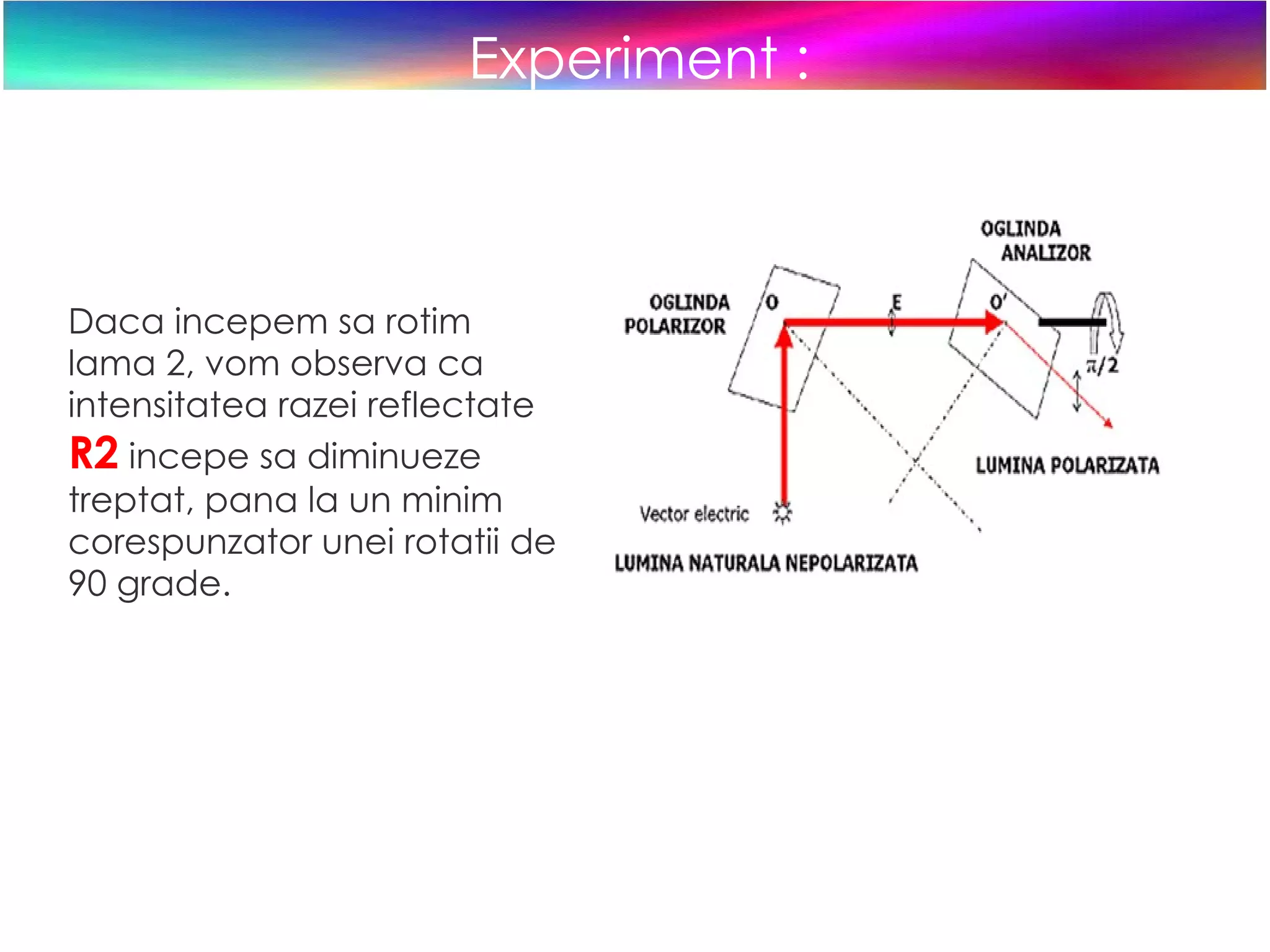 Experiment : Daca incepem sa rotim lama 2, vom observa ca intensitatea razei reflectate  R2  incepe sa diminueze treptat, pana la un minim corespunzator unei rotatii de 90 grade. 
