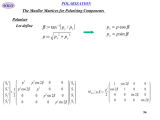 56
POLARIZATION
SOLO
The Mueller Matrices for Polarizing Components
Polarizer
( )
22
1
:
/tan:
yx
xy
ppp
pp
+=
= −
βLet define




























=














3
2
1
0
2
2
22
22
3
2
1
0
2sin000
02sin00
002cos
002cos
2
1
'
'
'
'
S
S
S
S
p
p
pp
pp
S
S
S
S
β
β
β
β
( )














=
β
β
β
β
β
2sin000
02sin00
0012cos
002cos1
2
,
2
p
pMPOL
β
β
sin
cos
pp
pp
y
x
=
=
 