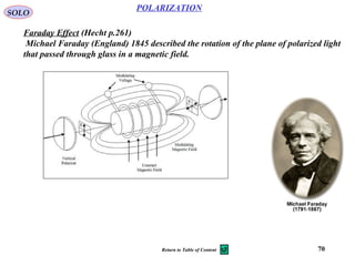 70
POLARIZATION
SOLO
Faraday Effect (Hecht p.261)
Michael Faraday (England) 1845 described the rotation of the plane of polarized light
that passed through glass in a magnetic field.
Return to Table of Content
 