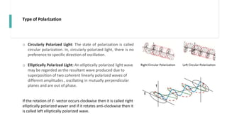 Type of Polarization
o Circularly Polarized Light: The state of polarization is called
circular polarization. In, circularly polarized light, there is no
preference to specific direction of oscillation.
o Elliptically Polarized Light: An elliptically polarized light wave
may be regarded as the resultant wave produced due to
superposition of two coherent linearly polarized waves of
different amplitudes , oscillating in mutually perpendicular
planes and are out of phase.
If the rotation of E- vector occurs clockwise then it is called right
elliptically polarized waver and if it rotates anti-clockwise then it
is called left elliptically polarized wave.
Right Circular Polarization Left Circular Polarization
 