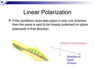 Linear Polarization
 If the oscillation does take place in only one direction
then the wave is said to be linearly polarized (or plane
polarized) in that direction.
Direction of oscillation
Direction of
travel
of wave
 