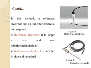 Contd...
Reference electrode
Indicator electrode
In this method, a reference
electrode and an indicator electrode
are required.
 Reference electrode- it is larger
in size and non
polarized(depolarized)
 Indicator electrode- it is smaller
in size and polarized
Figure 3
Figure 4
 