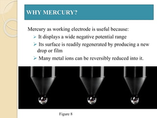 WHY MERCURY?
Mercury as working electrode is useful because:
 It displays a wide negative potential range
 Its surface is readily regenerated by producing a new
drop or film
 Many metal ions can be reversibly reduced into it.
Figure 8
 