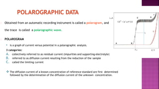 Obtained from an automatic recording instrument is called a polarogram, and
the trace is called a polarographic wave.
POLAROGRAM
• is a graph of current versus potential in a polarographic analysis.
3 categories:
A. collectively referred to as residual current (impurities and supporting electrolyte)
B. referred to as diffusion current resulting from the reduction of the sample
C. called the limiting current
 The diffusion current of a known concentration of reference standard are first determined
followed by the determination of the diffusion current of the unknown concentration.
 