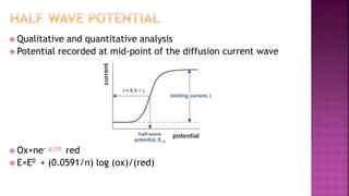  Qualitative and quantitative analysis
 Potential recorded at mid-point of the diffusion current wave
 Ox+ne- red
 E=E0 + (0.0591/n) log (ox)/(red)
 