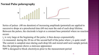38
Series of pulses (40 ms duration) of increasing amplitude (potential) are applied to
successive drops at a preselected time (60 ms) near the end of each drop lifetime.
Between the pulses, the electrode is kept at a constant base potential where no reaction
occurs
ic is very large at the beginning of the pulse; it then decays exponentially.
i is measured during the 20 ms of the second half of the pulse when ic is quite small
The current is sampled once during each drop life and stored until next sample period,
thus the polarogram shows a staircase appearance
NPP is designed to block electrolysis prior to the measurement period
Normal Pulse polarography
 