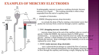 3
1
.
In polarography, mercury is used as a working electrode, because
mercury it is a liquid. The working electrode is often a drop
suspended from the end of a capillary tube.
examples of electrodes:
1. HMDE (Hanging mercury drop electrode)-
we extrude the drop of Hg by rotating a micrometer screw that
pushes the mercury from a reservoir through a narrow capillary.
2. DME (dropping mercury electrode)-
mercury drops form at the end of the capillary tube as a result of
gravity. Unlike the HMDE, the mercury drop of a DME grows
continuously— as mercury flows from the reservoir under the influence of
gravity—and has a finite lifetime of several seconds. At the end of its
lifetime the mercury drop is dislodged, either manually or on its own, and
replaced by a new drop.
3. DSME (static mercury drop electrode)-
uses a solenoid driven plunger to control the flow of mercury.
Activation of the solenoid momentarily lifts the plunger, allowing mercury
to flow through the capillary and forming a single, hanging Hg drop.
 