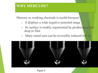 WHY MERCURY?
Mercury as working electrode is useful because:
 It displays a wide negative potential range
 Its surface is readily regenerated by producing a new
drop or film
 Many metal ions can be reversibly reduced into it.
Figure 8
 
