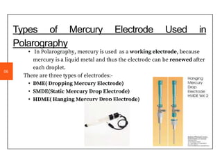 • In Polarography, mercury is used as a working electrode, because
mercury is a liquid metal and thus the electrode can be renewed after
each droplet.
There are three types of electrodes:-
• DME( Dropping Mercury Electrode)
• SMDE(Static Mercury Drop Electrode)
• HDME( Hanging Mercury Drop Electrode)
Types of Mercury Electrode Used in
Polarography
06
 
