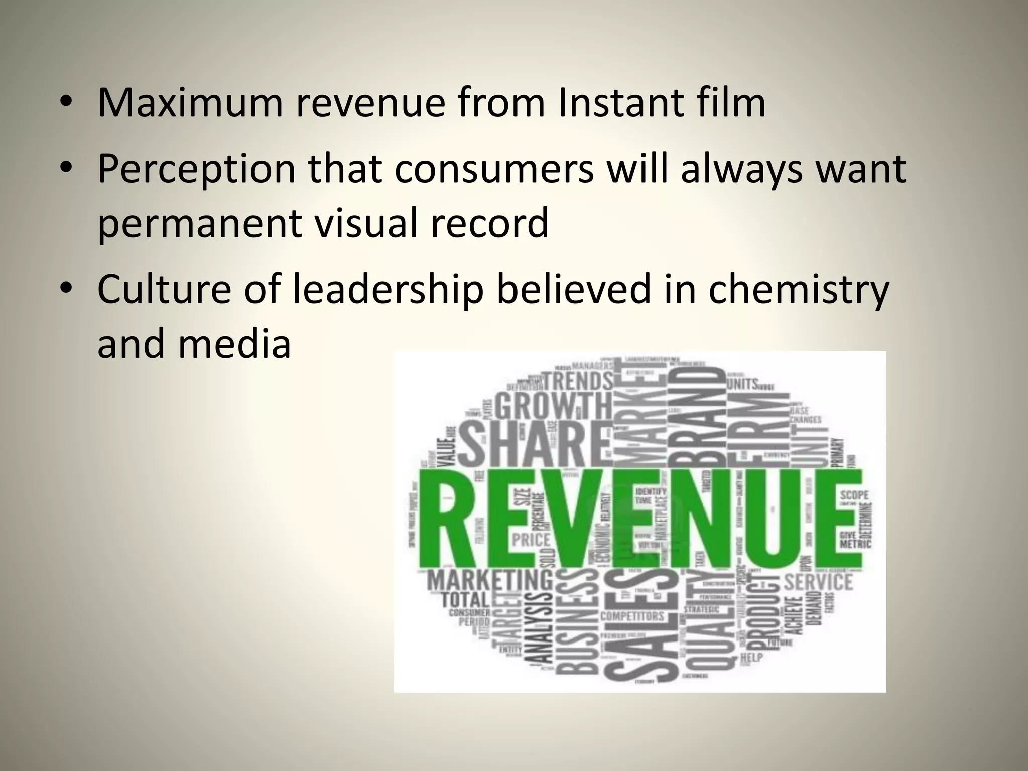 • Maximum revenue from Instant film
• Perception that consumers will always want
permanent visual record
• Culture of leadership believed in chemistry
and media
 