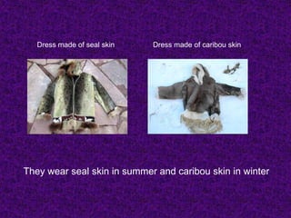 They wear seal skin in summer and caribou skin in winter
Dress made of seal skin Dress made of caribou skin
 
