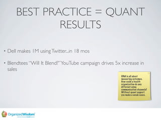BEST PRACTICE = QUANT
                RESULTS

    Dell makes 1M using Twitter...in 18 mos
•

    Blendtees “Will It Blend...