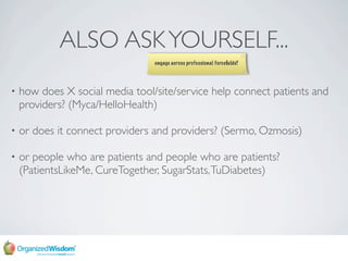 ALSO ASK YOURSELF...
                                 engage across professional forceﬁelds?




    how does X social med...