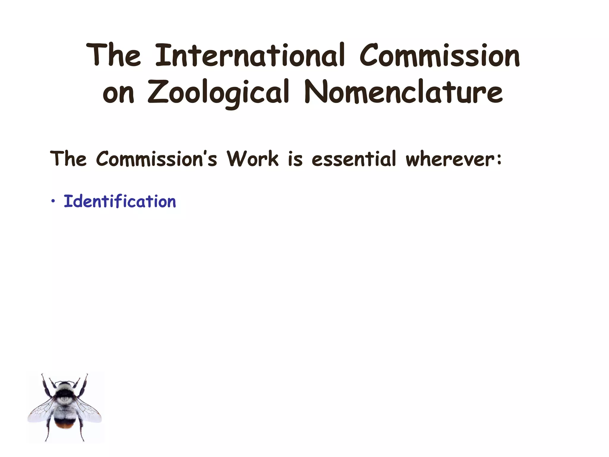 The Commission’s Work is essential wherever:
• Identification
The International Commission
on Zoological Nomenclature
 
