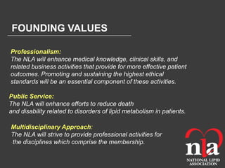 FOUNDING VALUES

Professionalism:
The NLA will enhance medical knowledge, clinical skills, and
related business activities that provide for more effective patient
outcomes. Promoting and sustaining the highest ethical
standards will be an essential component of these activities.

Public Service:
The NLA will enhance efforts to reduce death
and disability related to disorders of lipid metabolism in patients.

Multidisciplinary Approach:
The NLA will strive to provide professional activities for
the disciplines which comprise the membership.
 