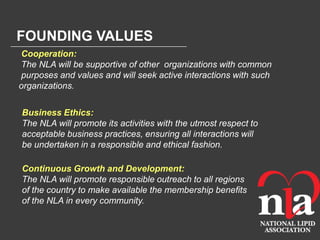 FOUNDING VALUES
Cooperation:
The NLA will be supportive of other organizations with common
purposes and values and will seek active interactions with such
organizations.


Business Ethics:
The NLA will promote its activities with the utmost respect to
acceptable business practices, ensuring all interactions will
be undertaken in a responsible and ethical fashion.

Continuous Growth and Development:
The NLA will promote responsible outreach to all regions
of the country to make available the membership benefits
of the NLA in every community.
 