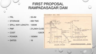 FIRST PROPOSAL
RAMPADASAGAR DAM
• FRL : 59.4M
• STORAGE : 690 TMC
• SPILL WAY LENGTH : 1260M
• PMF : 21LAKH CUSEC
• COST : 129CR
• POWER : 150MW
• GATES : 16
 