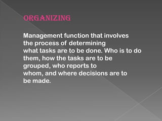 ORGANIZING
Management function that involves
the process of determining
what tasks are to be done. Who is to do
them, how the tasks are to be
grouped, who reports to
whom, and where decisions are to
be made.

 