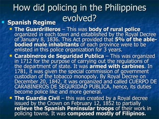 How did policing in the Philippines evolved? ,[object Object],[object Object],[object Object],[object Object]