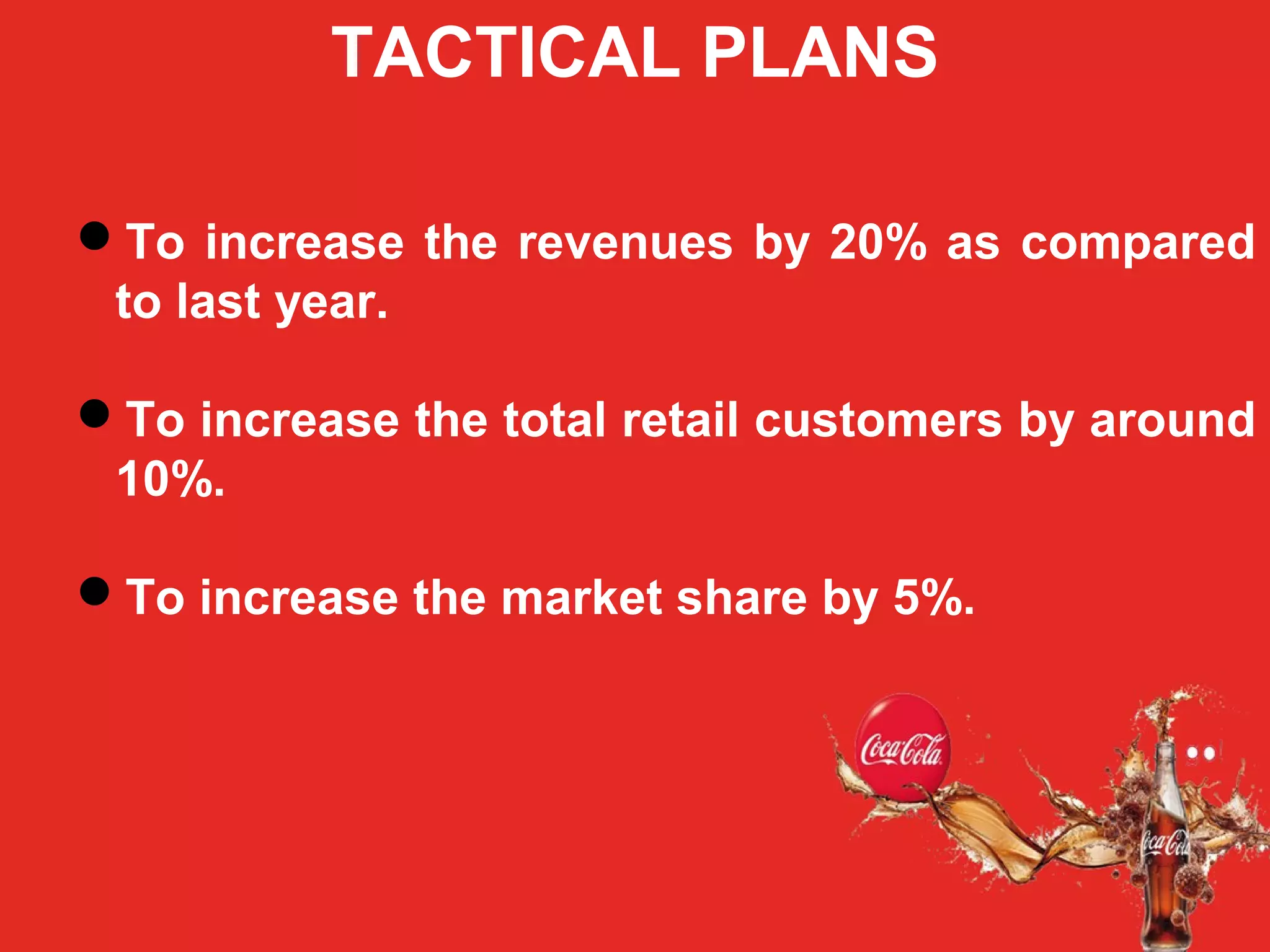 TACTICAL PLANS
To increase the revenues by 20% as compared
to last year.
To increase the total retail customers by around
10%.
To increase the market share by 5%.
 