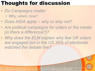 Thoughts for discussion Do Campaigns matter Why, when, how? Does AIDA apply – why or why not? Are political campaigns for voters or the media (is there a difference?)? Why does the ELM explain why few UK voters are engaged but in the US 35% of electorate watched the debate live? 