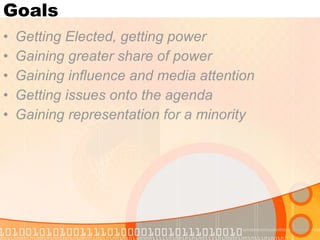 Goals  Getting Elected, getting power Gaining greater share of power Gaining influence and media attention Getting issues onto the agenda Gaining representation for a minority 