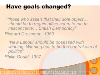 Have goals changed? “ those who assert that their sole object… should be to regain office seem to me to misconceive… British Democracy”  Richard Crossman, 1959 “ New Labour should be obsessed with winning. Winning has to be the central aim of politics”  Philip Gould, 1997 