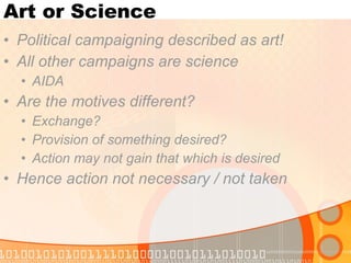 Art or Science Political campaigning described as art! All other campaigns are science AIDA Are the motives different? Exchange? Provision of something desired? Action may not gain that which is desired Hence action not necessary / not taken 