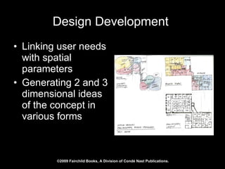 Design Development   Linking user needs with spatial parameters Generating 2 and 3 dimensional ideas of the concept in various forms 